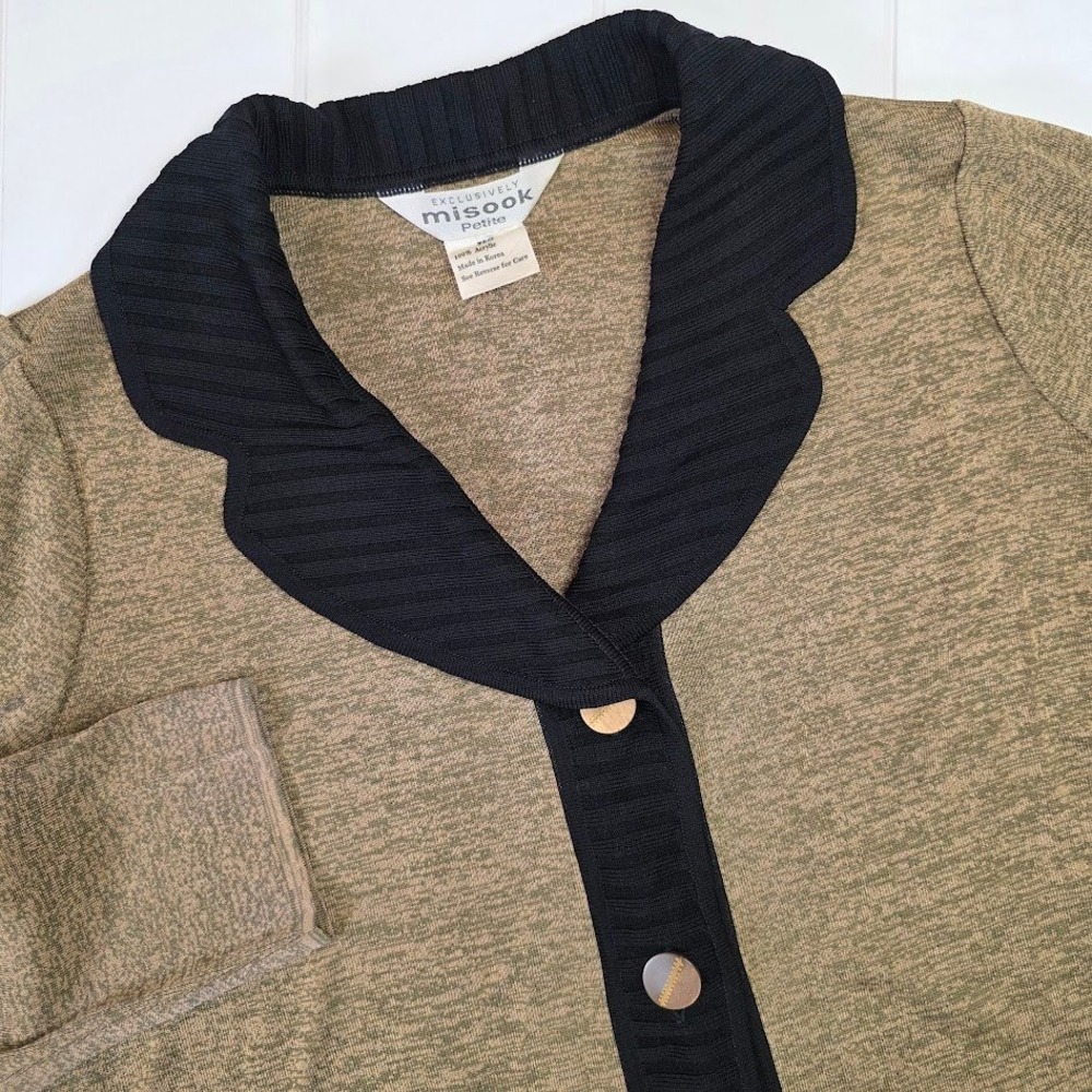 Misook XS Petite Acrylic Cardigan Sweater Olive‎ Taupe Black Button Front Collar